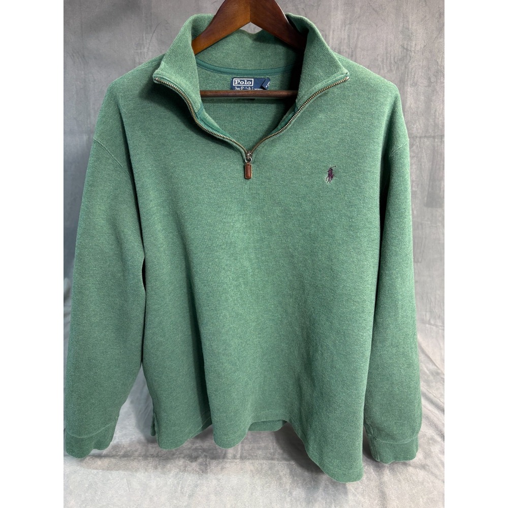 Polo Ralph Lauren Sweater Mens Moss Green 1/4 Zip Knit Cotton Purple Pony 2XL